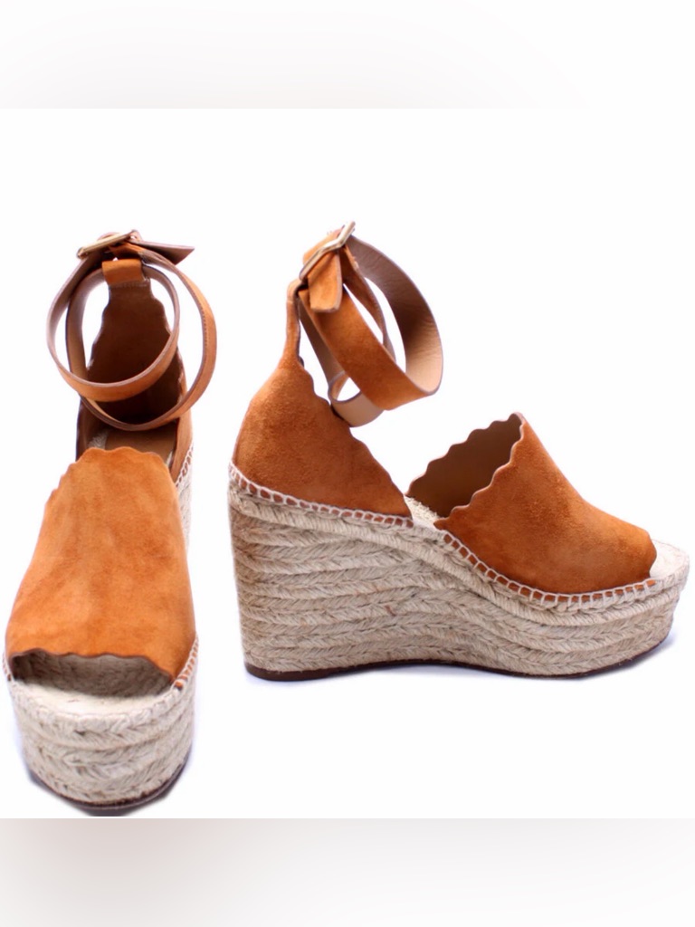 Chloe Suede Espadrille Wedge Sandals Brown Size 38